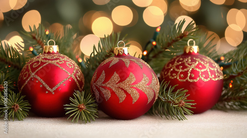 Festive red christmas ornaments with golden patterns and holiday lights
