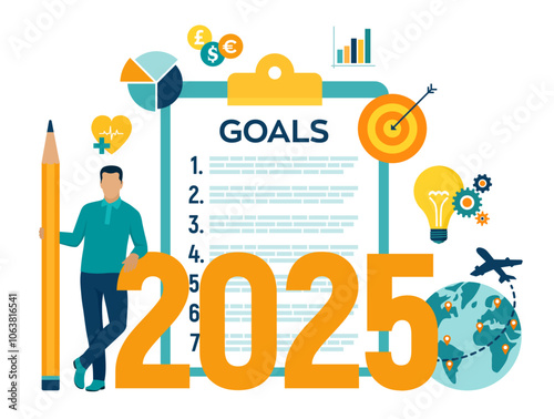 2025 New Year Goals Checklist. Future Goal And Plans. List For Upcoming New Year Making Yearly Planning For 2025. Business motivation,inspiration concept. Vector illustration with character and icons.