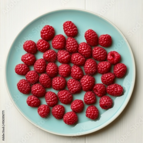 A plate filled with fresh raspberries arranged neatly.