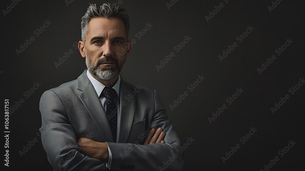 A formal portrait of a middle-aged man in a gray suit, with a serious expression and arms crossed, against a dark background, ideal for themes of professionalism and authority. A formal portrait of a middle-aged man in a gray suit, with a serious expression and arms crossed, against a dark background, ideal for themes of professionalism and authority.