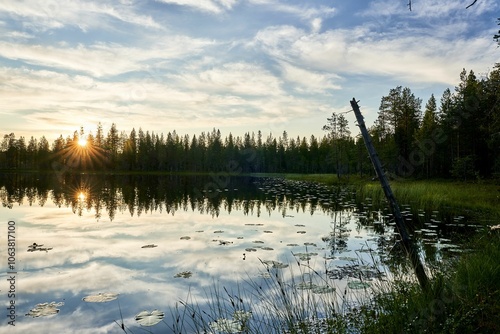 Serene lake at sunset reflects the cloudy sky and silhouettes of the trees photo