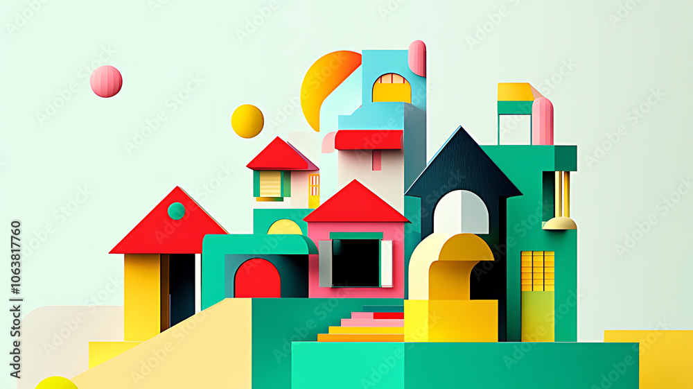 Abstract city skyline with colorful geometric buildings and a sun in the background. Abstract city skyline with colorful geometric buildings and a sun in the background.