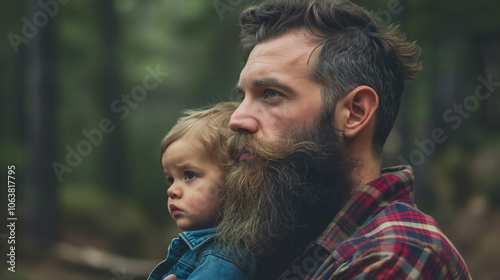 Father and child in forest: bonding and adventure outdoors photo