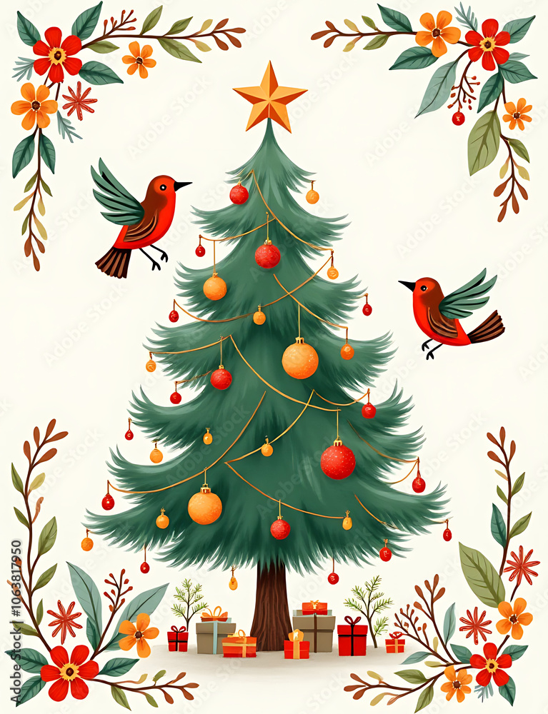 Christmas holiday cards feature a tree birds ornaments flowers and backgrounds in modern artistic designs for universal use Christmas holiday cards feature a tree birds ornaments flowers and backgrounds in modern artistic designs for universal use