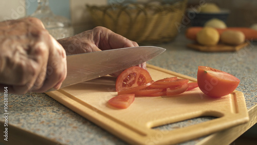 Elderly woman cutting tomato while sitting in modest kitchen. Hands close-up photo