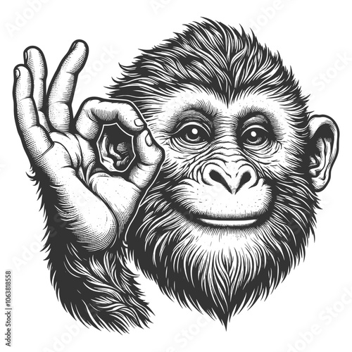 Monkey animal hand with ok gesture sketch engraving generative ai vector illustration. Good sign. Scratch board style imitation.  photo