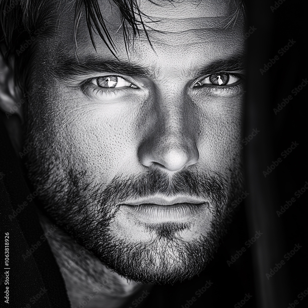 Black and white portrait of a handsome young man with a captivating gaze, highlighting his masculine features and intense expression Black and white portrait of a handsome young man with a captivating gaze, highlighting his masculine features and intense expression