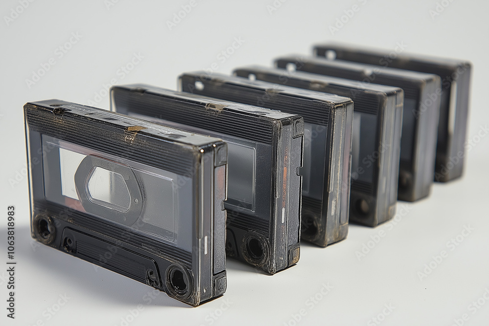 Six old cassette tapes lined up in a row on a white background Six old cassette tapes lined up in a row on a white background