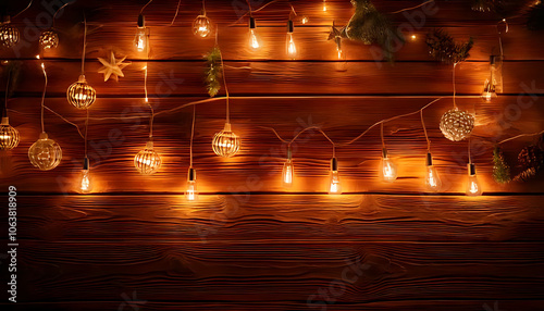 warm festive lights rustic wood backdrop evoke cozy winter holidays inviting holiday ambiance