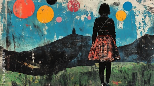 Silhouette of girl in colorful abstract landscape with floating circles