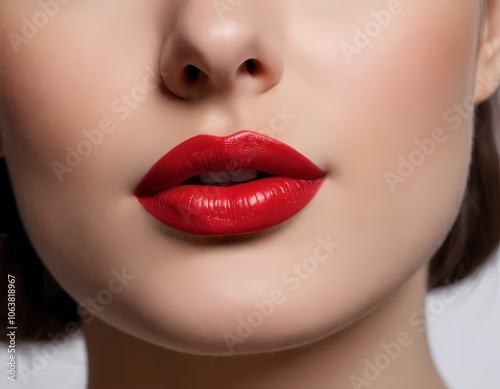 Close-up of a woman's lips adorned with bold red lipstick, showcasing a striking makeup look