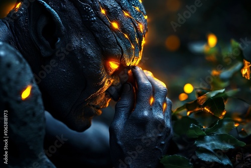 A mythical creature listening to a humanâ€™s confession in an enchanted forest, surrounded by glowing light and mysterious plants, symbolizing spiritual catharsis
