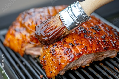 A pastry brush basting duck with hoisin sauce, creating a glossy, richly seasoned skin for a gourmet Asian dish photo