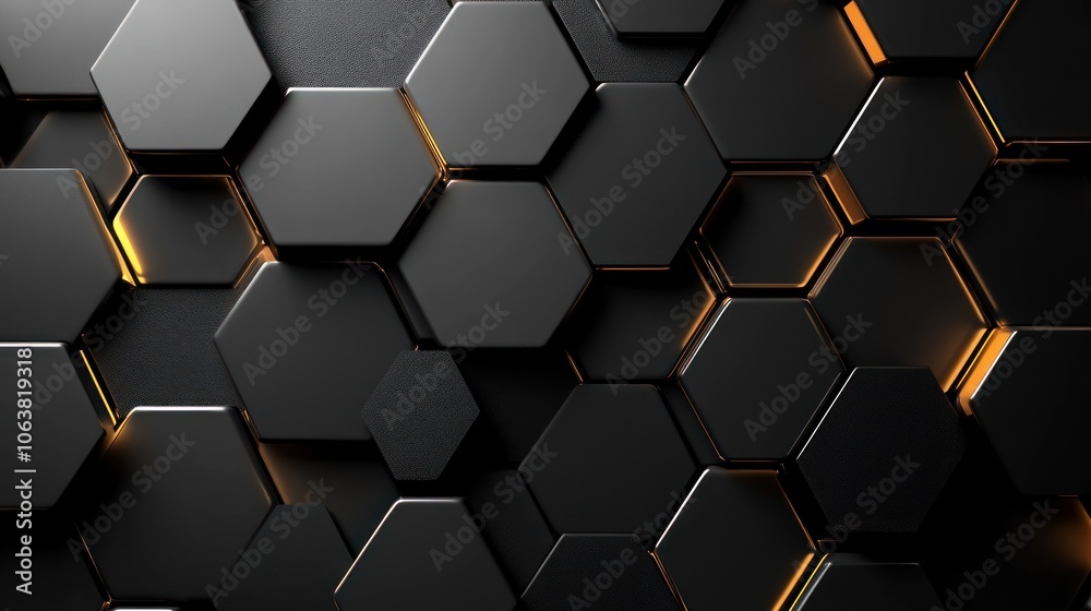 Abstract background of black hexagonal shapes with glowing edges. Abstract background of black hexagonal shapes with glowing edges.