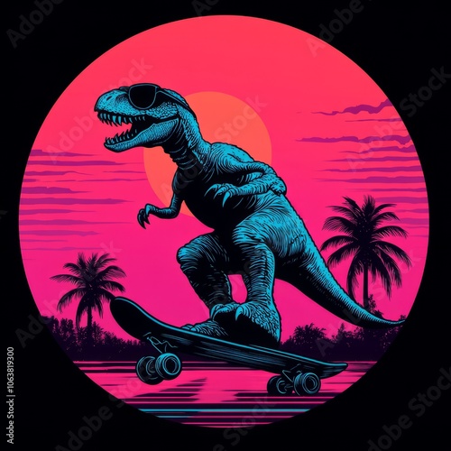 A vibrant illustration of a dinosaur skateboarding against a sunset backdrop.