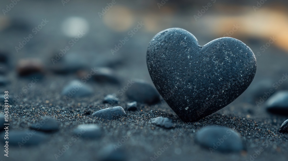 A heart-shaped stone rests on a black sand beach, surrounded by other smooth stones. A heart-shaped stone rests on a black sand beach, surrounded by other smooth stones.