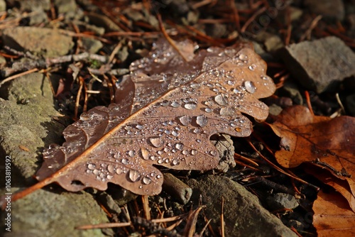 Herbstlaub der Traubeneiche (Quercus petraea) mit Tautropfen photo