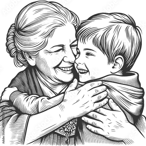 grandmother embracing her young grandson, family love and generational bond sketch engraving generative ai fictional character vector illustration. Scratch board imitation. Black and white image.