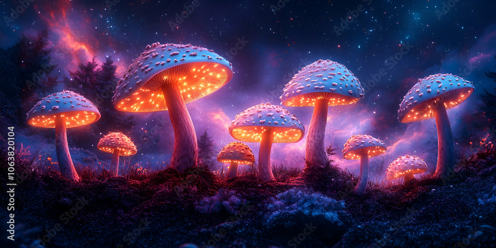 Naklejka premium A vibrant, otherworldly scene of glowing mushrooms illuminated against a mystical night sky filled with stars and enchanting hues.