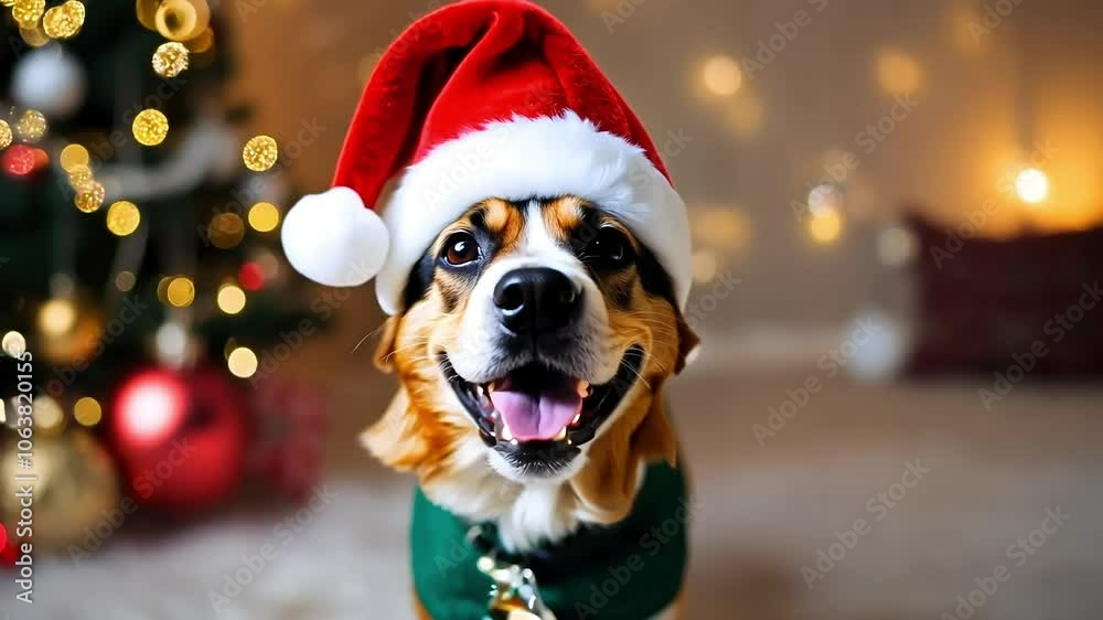 Playful beagle sporting a festive Santa hat and green scarf, Christmas theme. Playful beagle sporting a festive Santa hat and green scarf, Christmas theme.