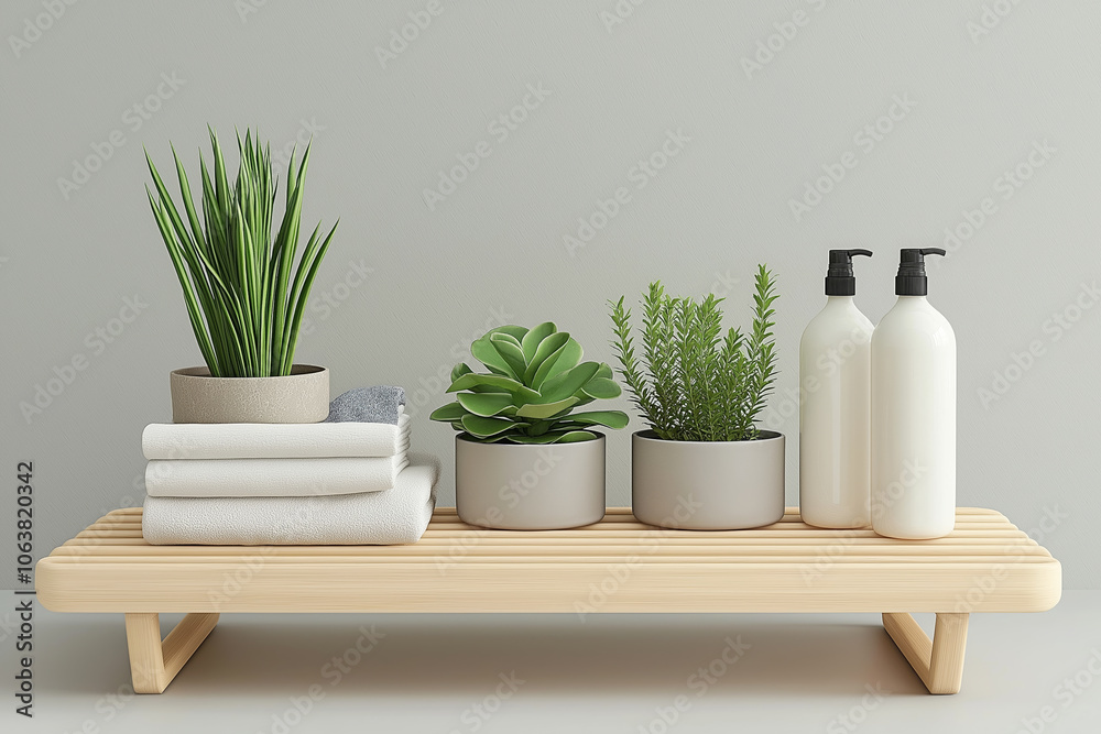Stylish bathroom display with bath products, towels and potted plants Stylish bathroom display with bath products, towels and potted plants