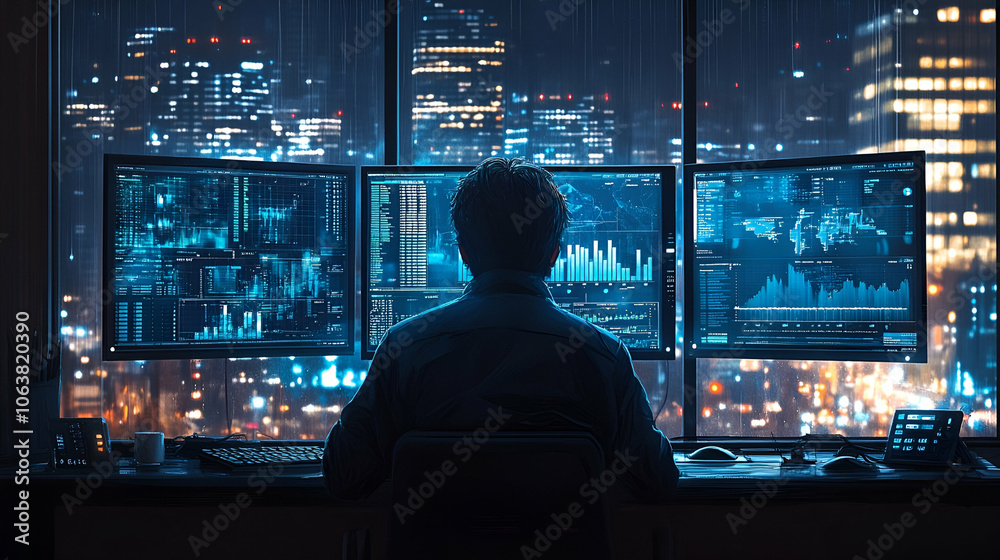 A person monitoring data on multiple screens, overlooking a city skyline at night, surrounded by vibrant lights and digital graphs.