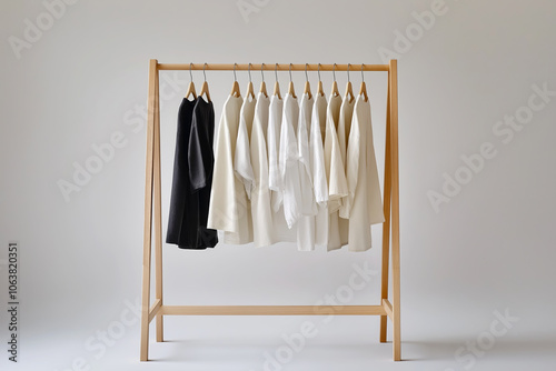 Minimalist clothing rack with neutral tones