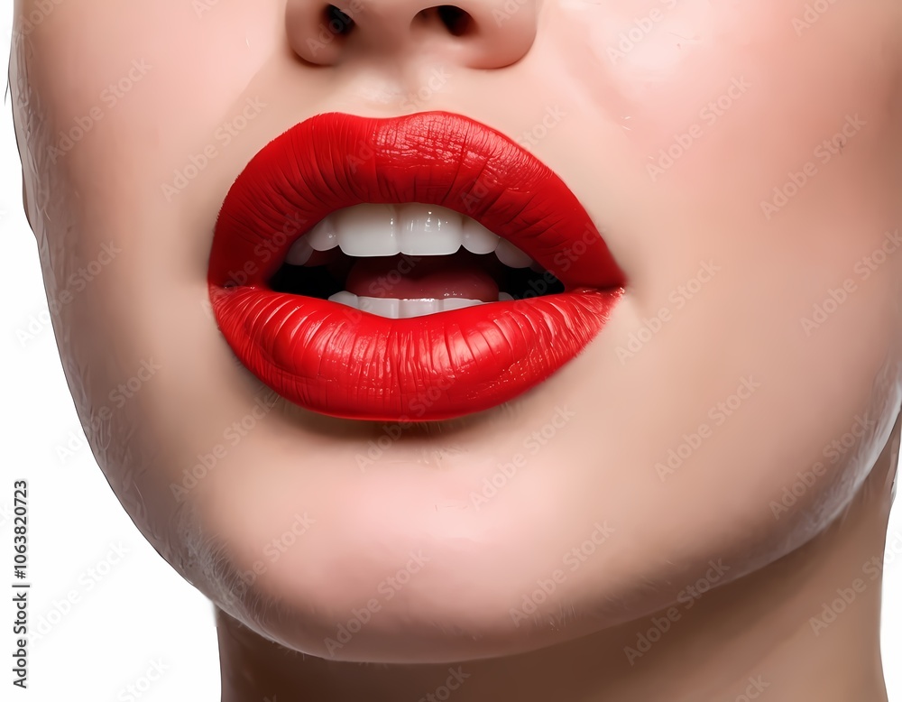 Close-up of a woman's lips adorned with bold red lipstick, showcasing a striking makeup look Close-up of a woman's lips adorned with bold red lipstick, showcasing a striking makeup look
