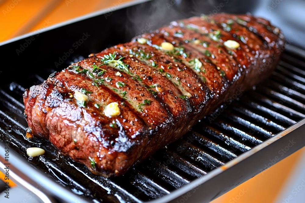 Basting a sizzling steak in a pan with melted herb butter, with thyme and garlic visible, capturing a rich, buttery sear Basting a sizzling steak in a pan with melted herb butter, with thyme and garlic visible, capturing a rich, buttery sear