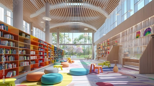 Vibrant and Inviting Children s Library with Colorful Bookshelves and Bright Seating