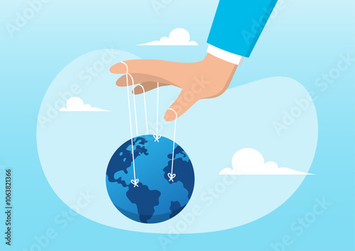 Businessman hand with puppet string to control the world.