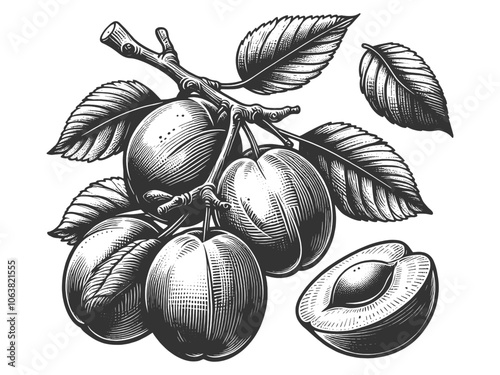 plums on a branch with leaves, featuring a halved plum showing the seed inside sketch engraving generative ai vector illustration. Scratch board imitation. Black and white image.