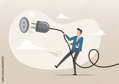 Man pulling electric cord to unplug to save money or for ecology power