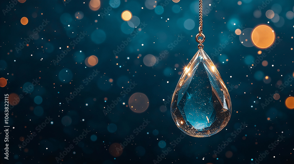 custom made wallpaper toronto digitalCrystal Teardrop Hanging:  A single crystal teardrop pendant hangs delicately against a backdrop of soft, shimmering bokeh, evoking a sense of elegance, fragility, and the passage of time.  