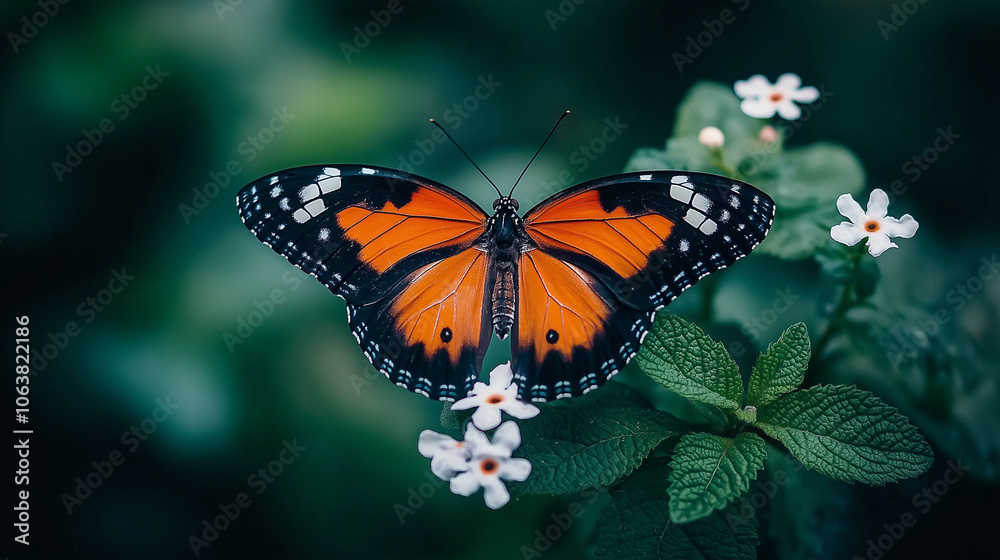 Butterfly on a Flower: A vibrant monarch butterfly perched delicately on a cluster of white blossoms, its wings a kaleidoscope of orange, black, and white against a lush green backdrop. Butterfly on a Flower: A vibrant monarch butterfly perched delicately on a cluster of white blossoms, its wings a kaleidoscope of orange, black, and white against a lush green backdrop.