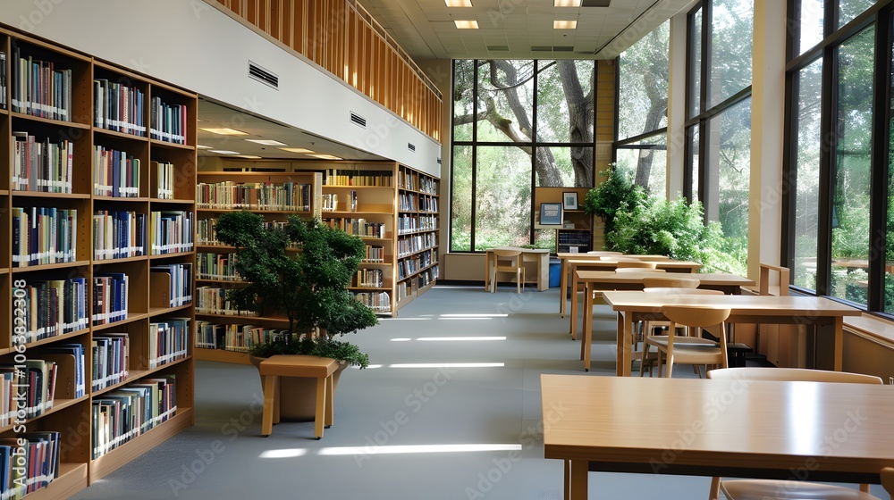 Cozy Modern Library Interior with Bookshelves and Seating Area Cozy Modern Library Interior with Bookshelves and Seating Area