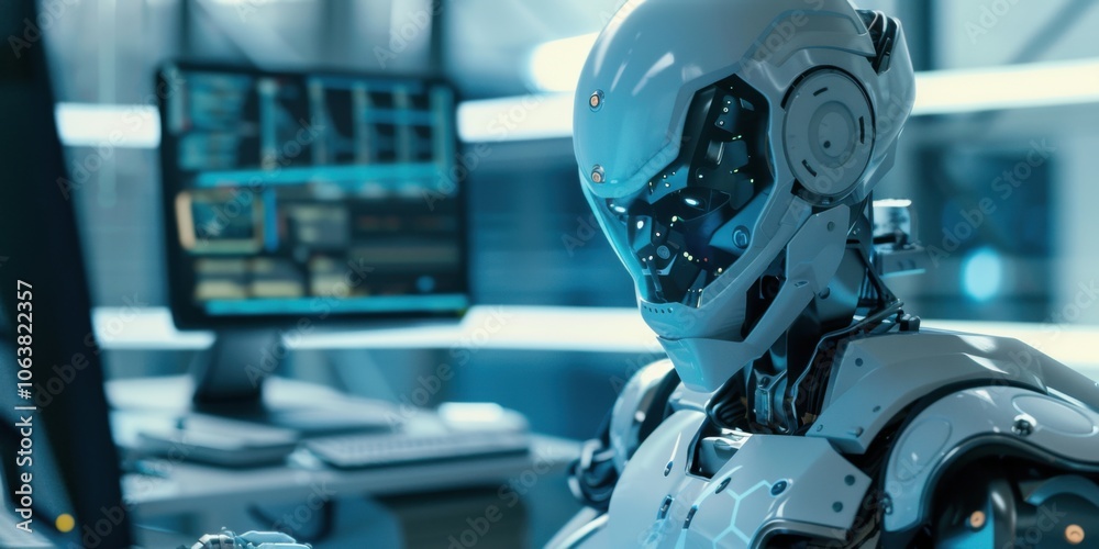 Futuristic Robot Working on a Computer in a High-Tech Office Environment, AI-Generated Artwork Futuristic Robot Working on a Computer in a High-Tech Office Environment, AI-Generated Artwork