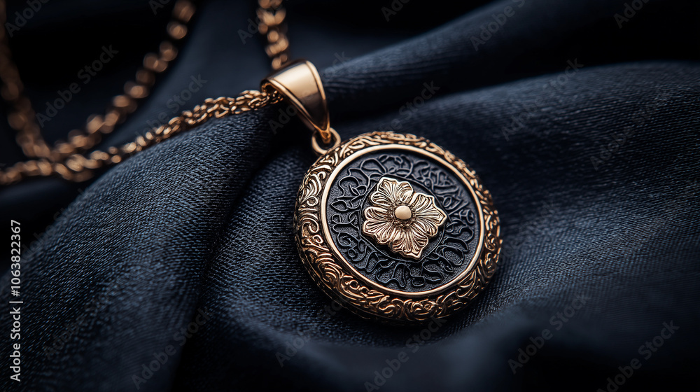 Ornate Floral Pendant Necklace: Exquisite craftsmanship meets timeless elegance in this close-up shot of a meticulously detailed pendant necklace, featuring a rose gold flower motif against a dark. Ornate Floral Pendant Necklace: Exquisite craftsmanship meets timeless elegance in this close-up shot of a meticulously detailed pendant necklace, featuring a rose gold flower motif against a dark.