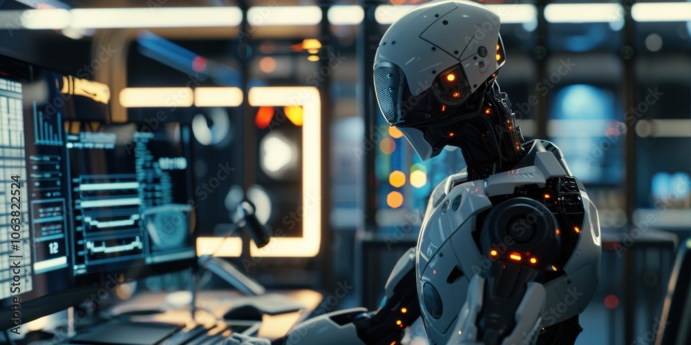 Futuristic Robot Working on a Computer in a High-Tech Office Environment, AI-Generated Artwork Futuristic Robot Working on a Computer in a High-Tech Office Environment, AI-Generated Artwork