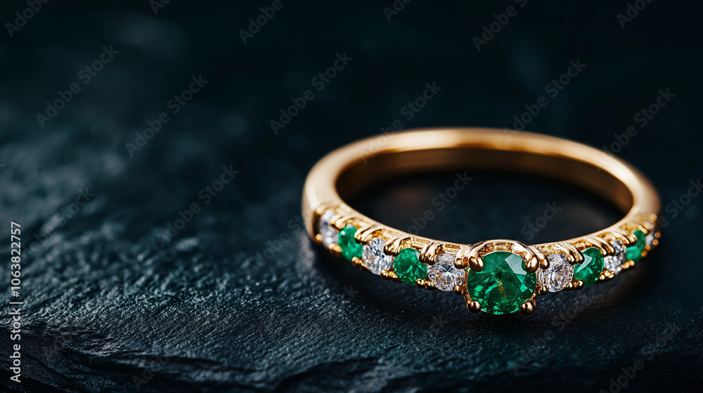 Emerald and Diamond Ring on Dark Stone Emerald and Diamond Ring on Dark Stone
