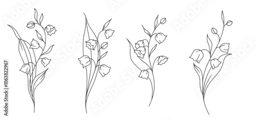 Lily of the Valley Line Art. Trendy floral branches and flowers. Botanical Line Art Spring Collection. Hand drawn line art lily of the valley flowers. Luxury Line Floral Art.