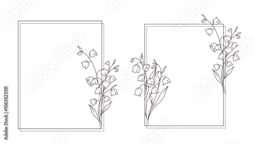 Lily of the Valley Line Art. Trendy floral branches and flowers. Botanical Line Art Spring Collection. Hand drawn line art lily of the valley flowers. Luxury Line Floral Art.