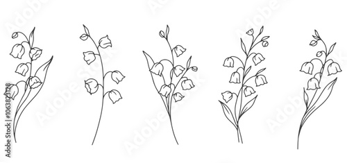 Lily of the Valley Line Art. Trendy floral branches and flowers. Botanical Line Art Spring Collection. Hand drawn line art lily of the valley flowers. Luxury Line Floral Art.