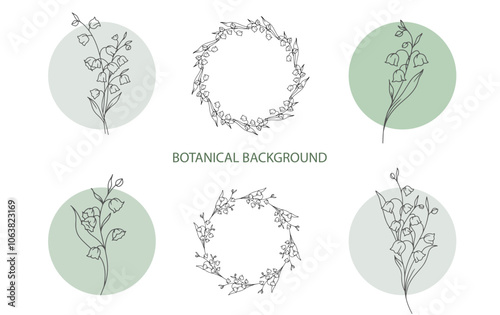 Lily of the Valley Line Art. Botanical Background trendy minimalist flowers. Hand drawn floral background template. Floral Line Art Illustration.