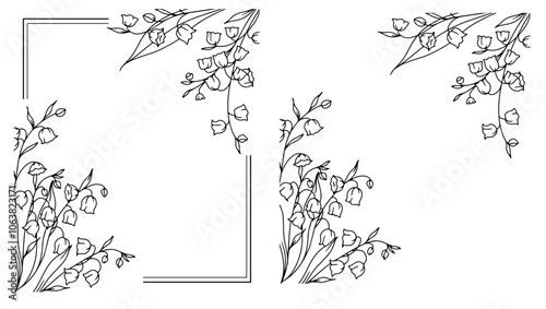 Lily of the Valley Line Art. Trendy floral branches and flowers. Botanical Line Art Spring Collection. Hand drawn line art lily of the valley flowers. Luxury Line Floral Art.