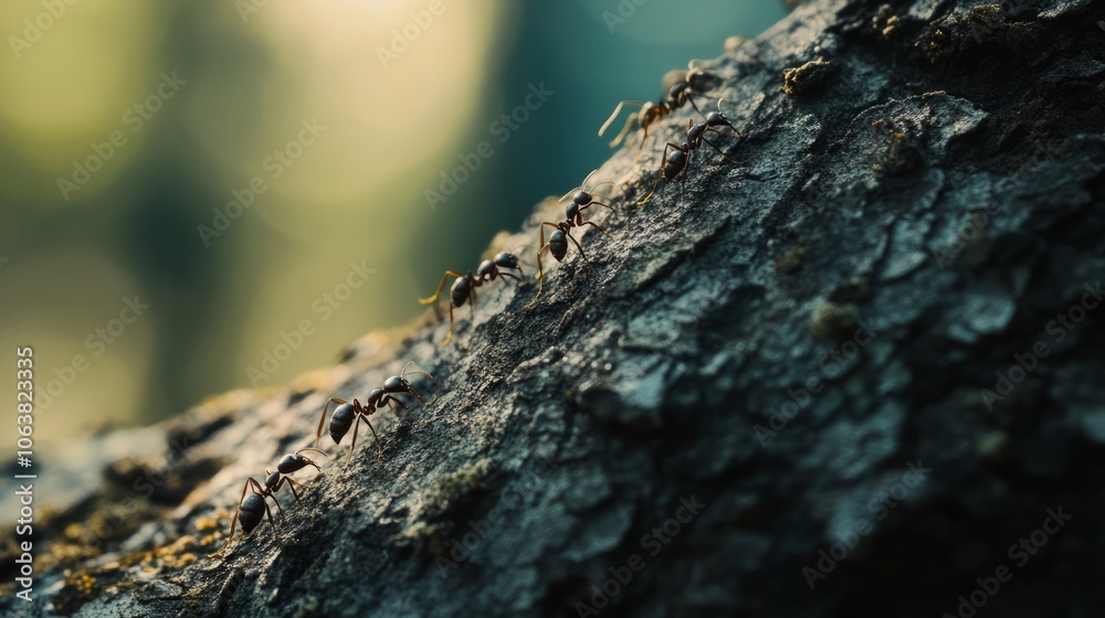 Ants on a tree trunk, with soft natural bokeh Ants on a tree trunk, with soft natural bokeh