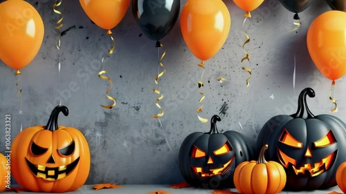 Happy Halloween sale black podium, bright lamp, pumpkin, bat flying, balloon, banner design on sign black background, Eps 10 vector illustration photo
