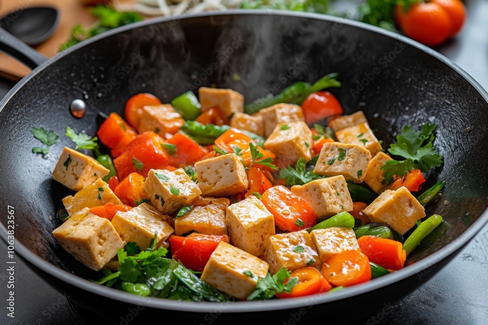 Flipping tofu cubes in a wok with vegetables, capturing a stir-fry moment with vibrant colors and healthy ingredients Flipping tofu cubes in a wok with vegetables, capturing a stir-fry moment with vibrant colors and healthy ingredients