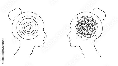 Clear Thinking Versus Chaotic Brain concept with two woman heads. Complicated and simple organized line. Complexity VS Simplicity. Psychotherapy and mental disorder