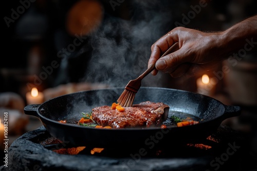Gothic-style kitchen with a hand basting meat in a candle-lit, shadowy setting, creating a hauntingly rustic vibe